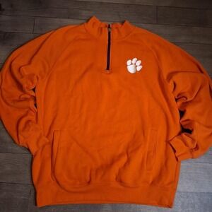 Mens Clemson Tigers orange quarter zip sweatshirt with white paw print logo